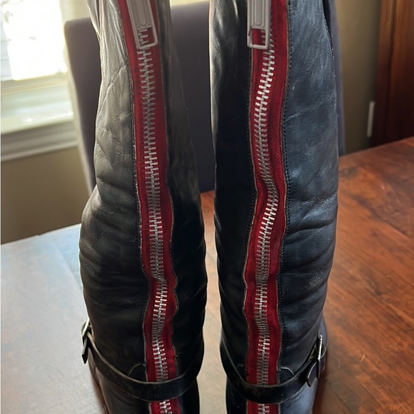 Golden Goose Black Leather Knee-High Riding Boots with Exposed Red Zipper - Picture 2 of 5